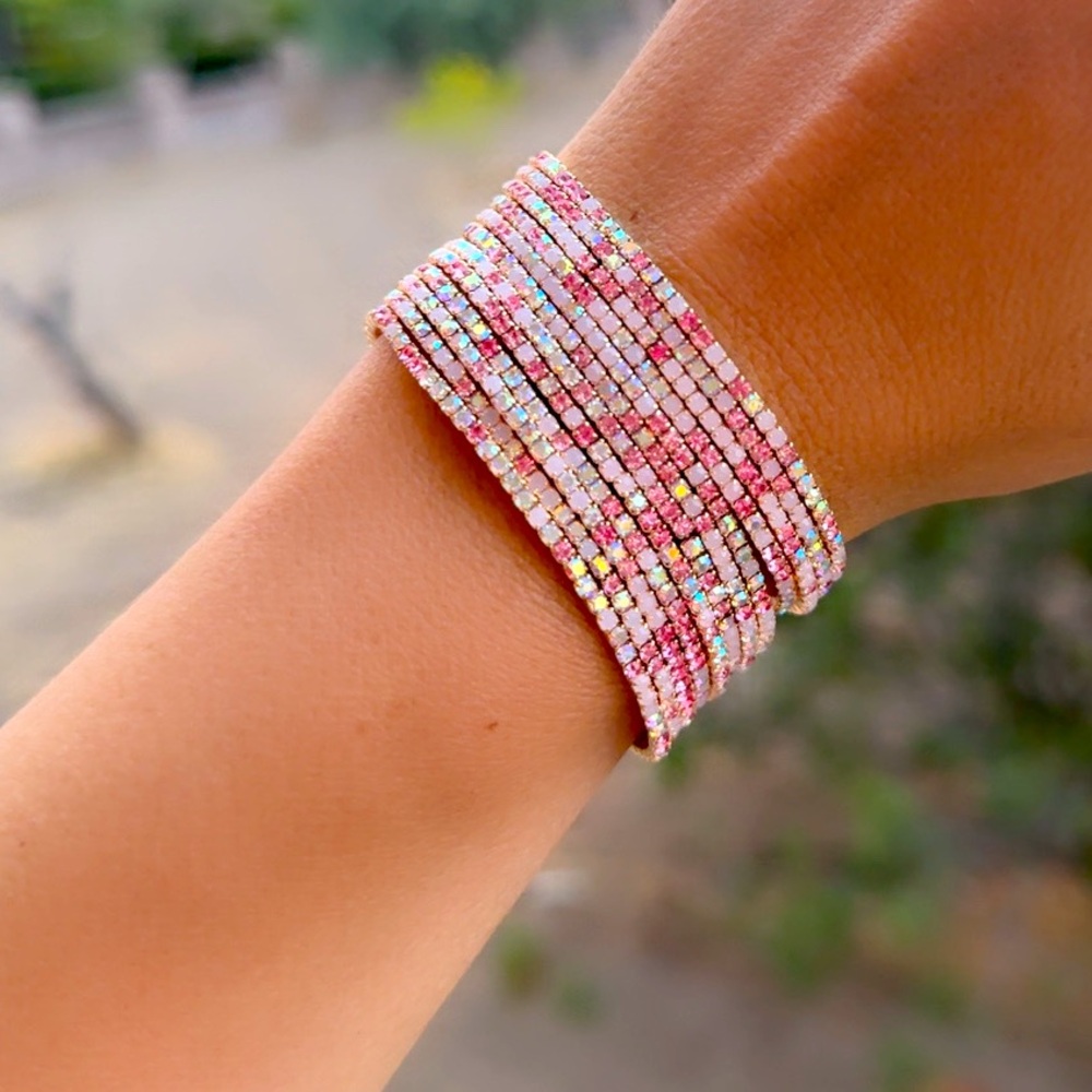 Rhinestone Crystal Layered Stretch Bracelets | 12 PCS (Pale Pink)